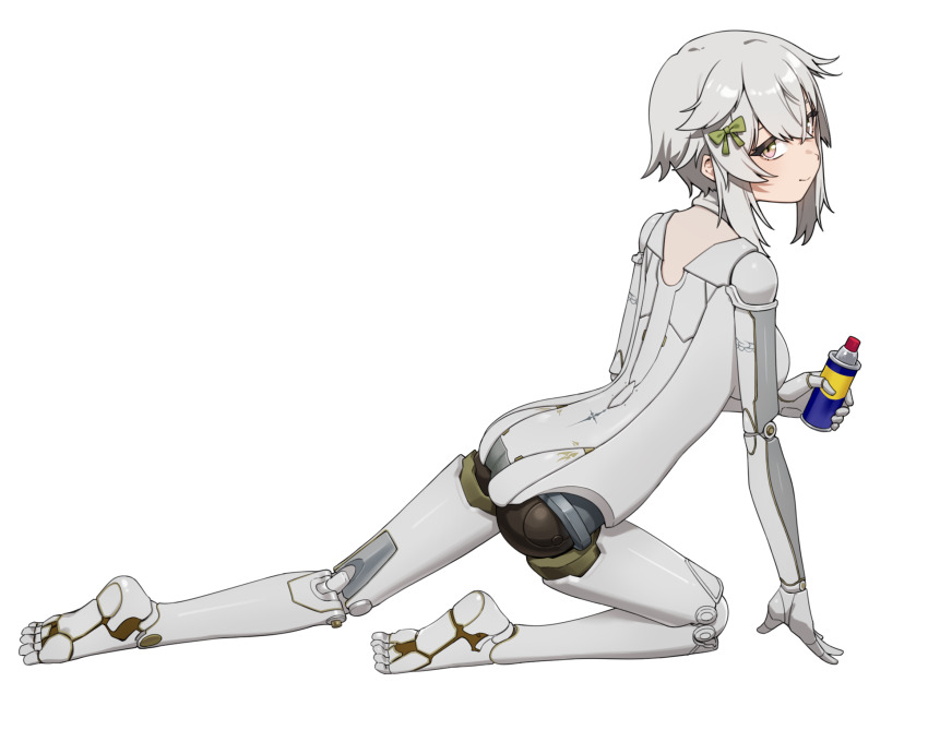 1girl, aerosol, android, artpatient, ass, bow, closed_mouth, commentary