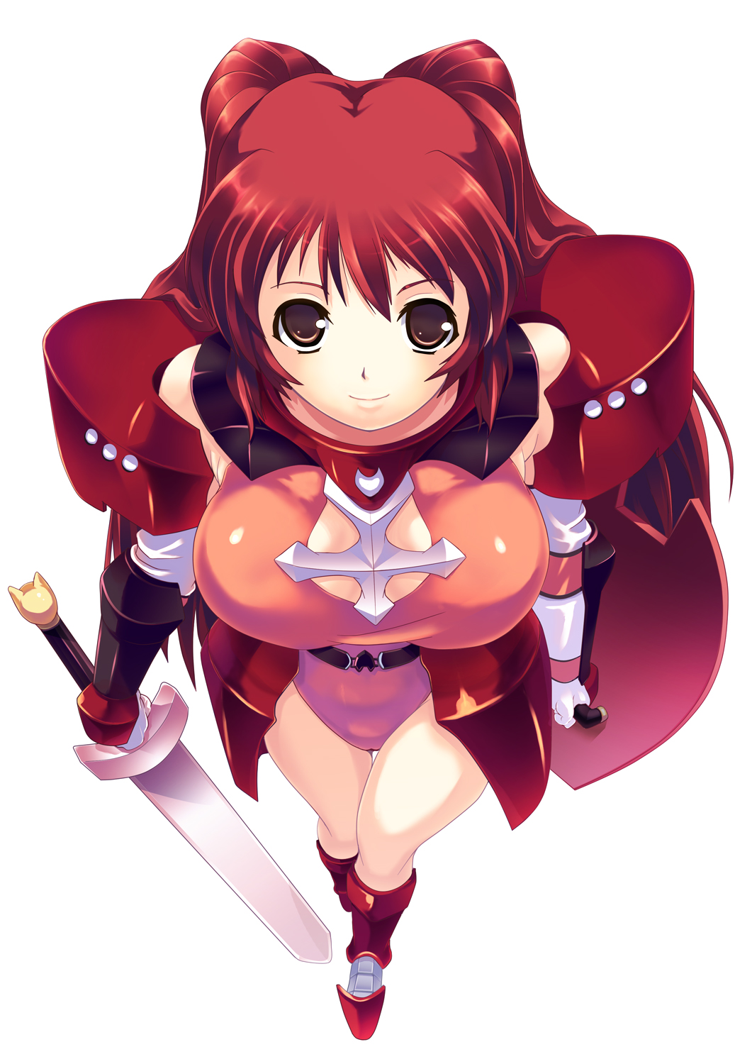 1girl, armor, breasts, cleavage, female_focus, from_above, highres, kousaka_tamaki, long_hair, muneshiro_(hitsuji_kikaku), red_eyes, red_hair, rino-y, shield, simple_background, smile, solo, sword, to_heart, to_heart_(series), to_heart_2, twintails, weapon