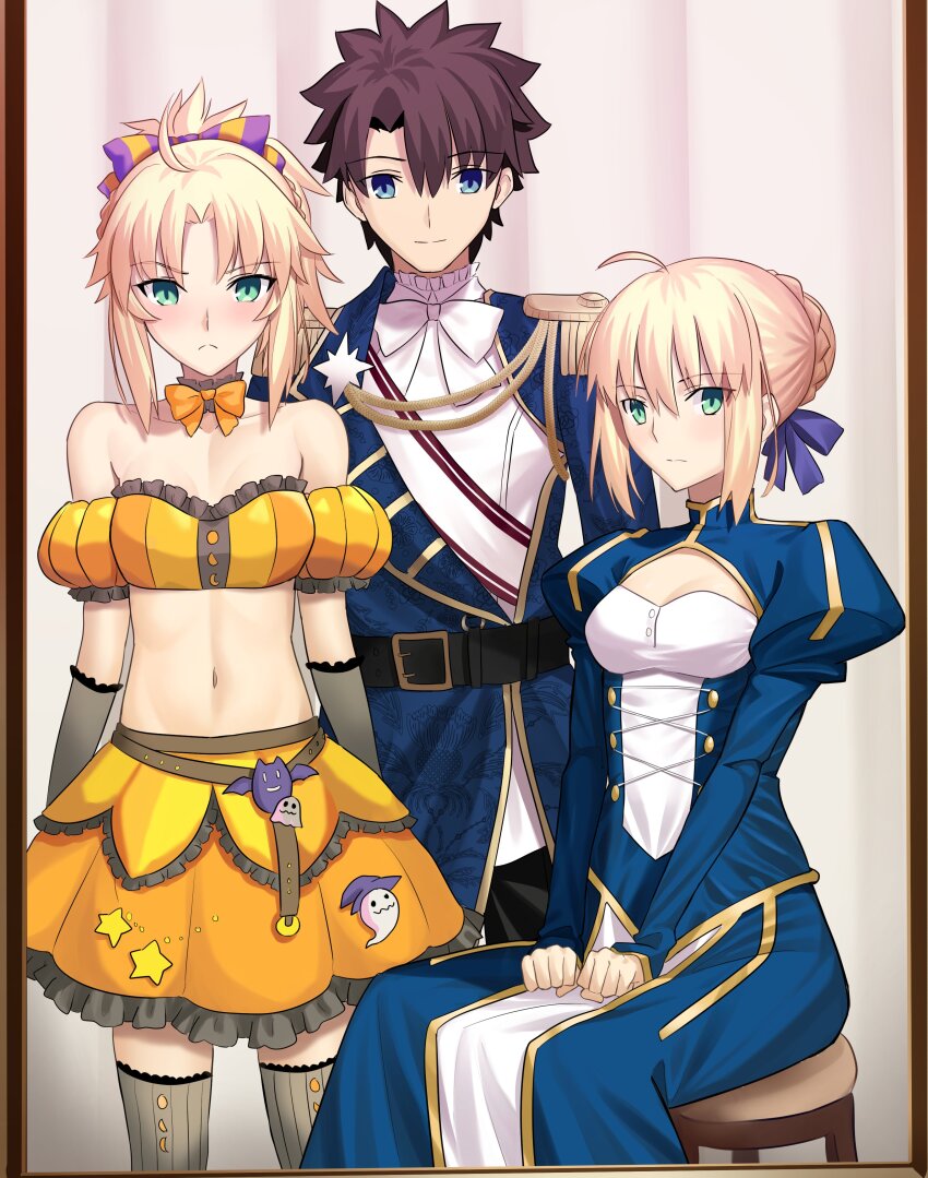 1boy, 2girls, absurdres, ahoge, artoria_pendragon_(fate), bare_shoulders, black_hair, blonde_hair