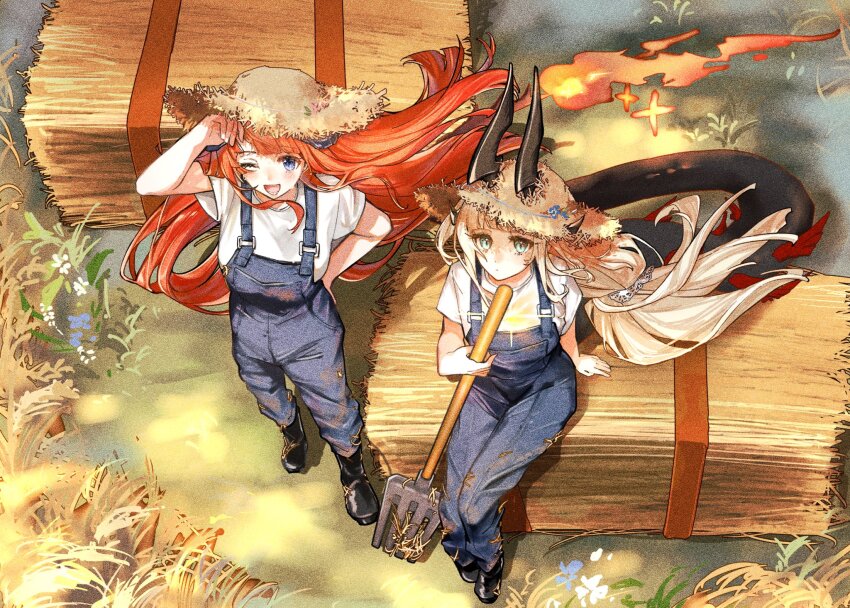 2girls, ;d, ankle_boots, arknights, arm_up, bagpipe_(arknights), bagpipe_(arknights)_(cosplay), bagpipe_(echo_of_bagpipes)_(arknights)