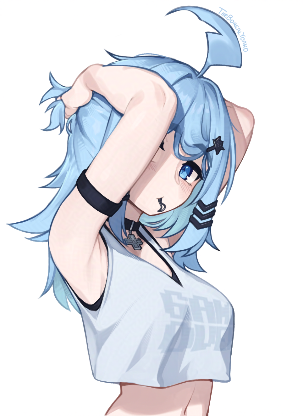 1girl, adversarial_noise, aegis-link, ahoge, armband, armpits, arms_up, artist_name, bare_arms, bare_shoulders, black_choker, blue_eyes, blue_hair, choker, clothes_writing, commentary, cross, cross_choker, english_commentary, from_side, hair_ornament, hair_tie_in_mouth, hairclip, highres, long_hair, looking_at_viewer, looking_to_the_side, midriff, mouth_hold, navel, shirt, simple_background, sleeveless, sleeveless_shirt, solo, triggerphish, tying_hair, upper_body, virtual_youtuber, white_background, yoako