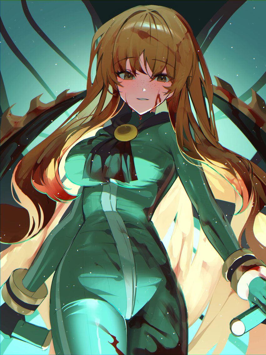 1girl, absurdres, blood, blood_on_clothes, blood_on_face, blood_on_hands, bodysuit, e.g.o_(project_moon)