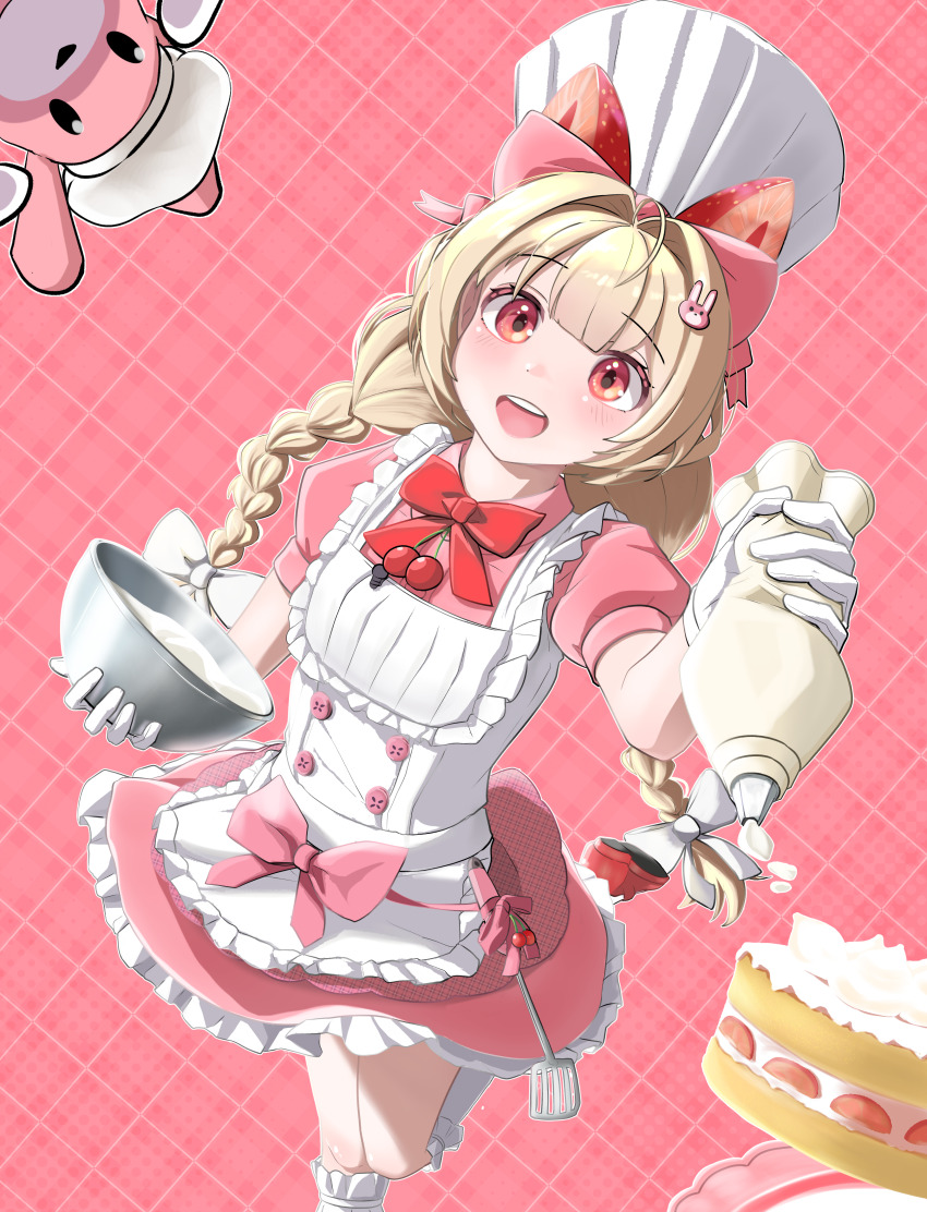 1girl, absurdres, apron, blonde_hair, bow, bowtie, braid, cake, chef_hat, cherry, crust_(nikke), destoroyar, dress, flat_chest, food, food-themed_hair_ornament, fruit, gloves, goddess_of_victory:_nikke, hair_bow, hair_ornament, hat, highres, open_mouth, pink_dress, rabbit_hair_ornament, red_eyes, strawberry, strawberry_hair_ornament, strawberry_shortcake, twin_braids, white_apron