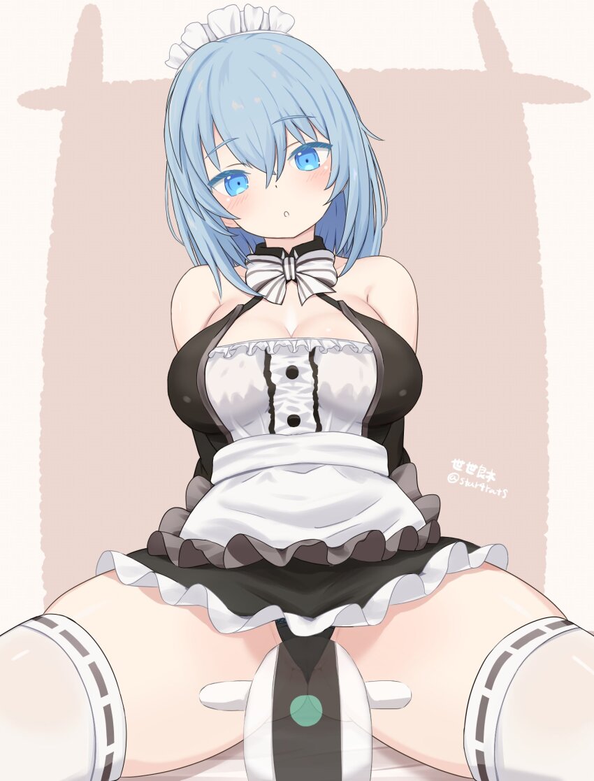1girl, alice_gear_aegis, alternate_hairstyle, blue_eyes, blue_hair, breasts, cleavage, drone, highres, maid, maid_headdress, nina_kalinina, seseragi_(star4rats), short_hair, taichou_(alice_gear_aegis), thighhighs, white_thighhighs