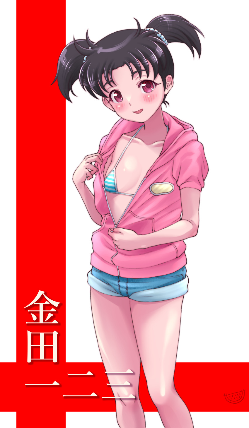 1girl, absurdres, bikini, black_hair, blush, breasts, highres, jacket, kindaichi_fumi, kindaichi_shounen_no_jikenbo, loli, looking_at_viewer, micro_bikini, pink_jacket, red_background, red_eyes, short_shorts, short_twintails, shorts, simple_background, small_breasts, smile, solo, standing, striped_bikini, striped_clothes, suika_blue, swimsuit, twintails, two-tone_background, white_background