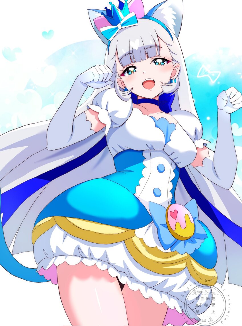 adapted_costume, blue_eyes, bow, brooch, cosplay, cowboy_shot, cure_macaron, cure_macaron_(cosplay)