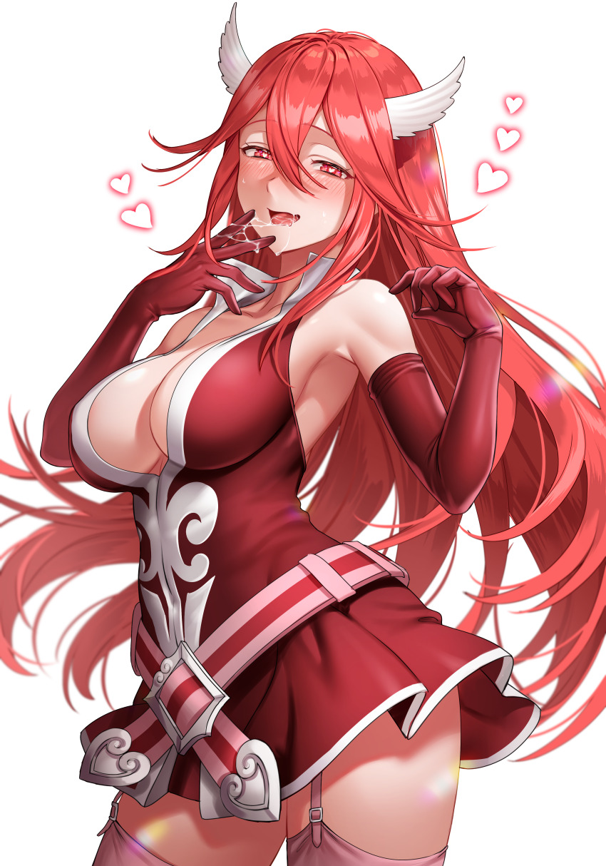 absurdres, armpits, arms_up, breasts, cleavage, commission, commissioner_upload, cordelia_(fire_emblem), dress, finger_to_own_mouth, fire_emblem, fire_emblem_awakening, hair_ornament, half-closed_eyes, heart, heart-shaped_pupils, highres, iria_splash, large_breasts, long_hair, looking_at_viewer, nintendo, open_mouth, pink_thighhighs, red_dress, red_hair, saliva, saliva_trail, seductive_smile, smile, standing, symbol-shaped_pupils, thighhighs, wing_hair_ornament, zettai_ryouiki