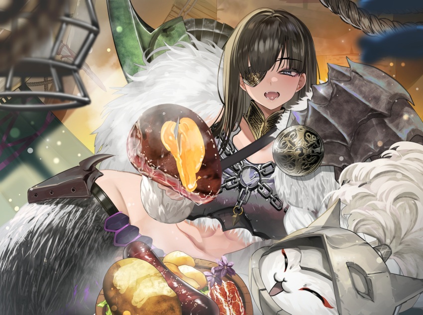 1girl, arkveld_(armor), armor, belt, black_belt, black_hair, blue_eyes, breastplate