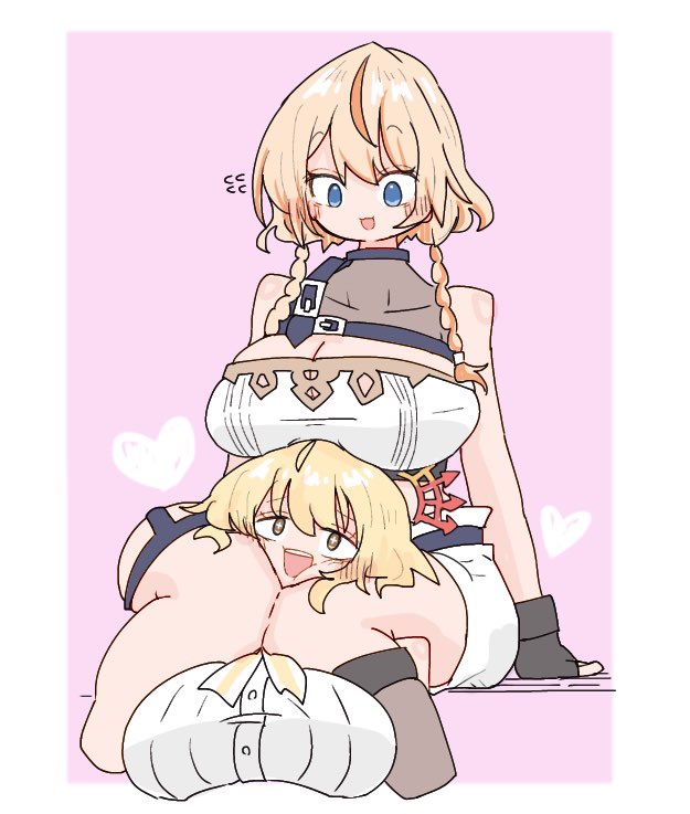 2girls, black_gloves, blonde_hair, blue_eyes, blush, braid, breasts, cleavage, commentary_request, feet_out_of_frame, fingerless_gloves, gloves, halo, head_between_legs, head_between_thighs, heart, hinata_mashu, hinata_mashu_(2nd_costume), large_breasts, miso_love_ini, multiple_girls, nanashi_inc., open_mouth, orange_hair, orange_halo, short_hair, shorts, smile, strapless, touri_sei, touri_sei_(3rd_costume), tube_top, twin_braids, virtual_youtuber, white_shorts, white_tube_top, yellow_eyes, yuri