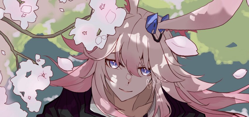1girl, animal_ears, blue_eyes, cherry_blossoms, closed_mouth, commentary, falling_petals, fox_ears