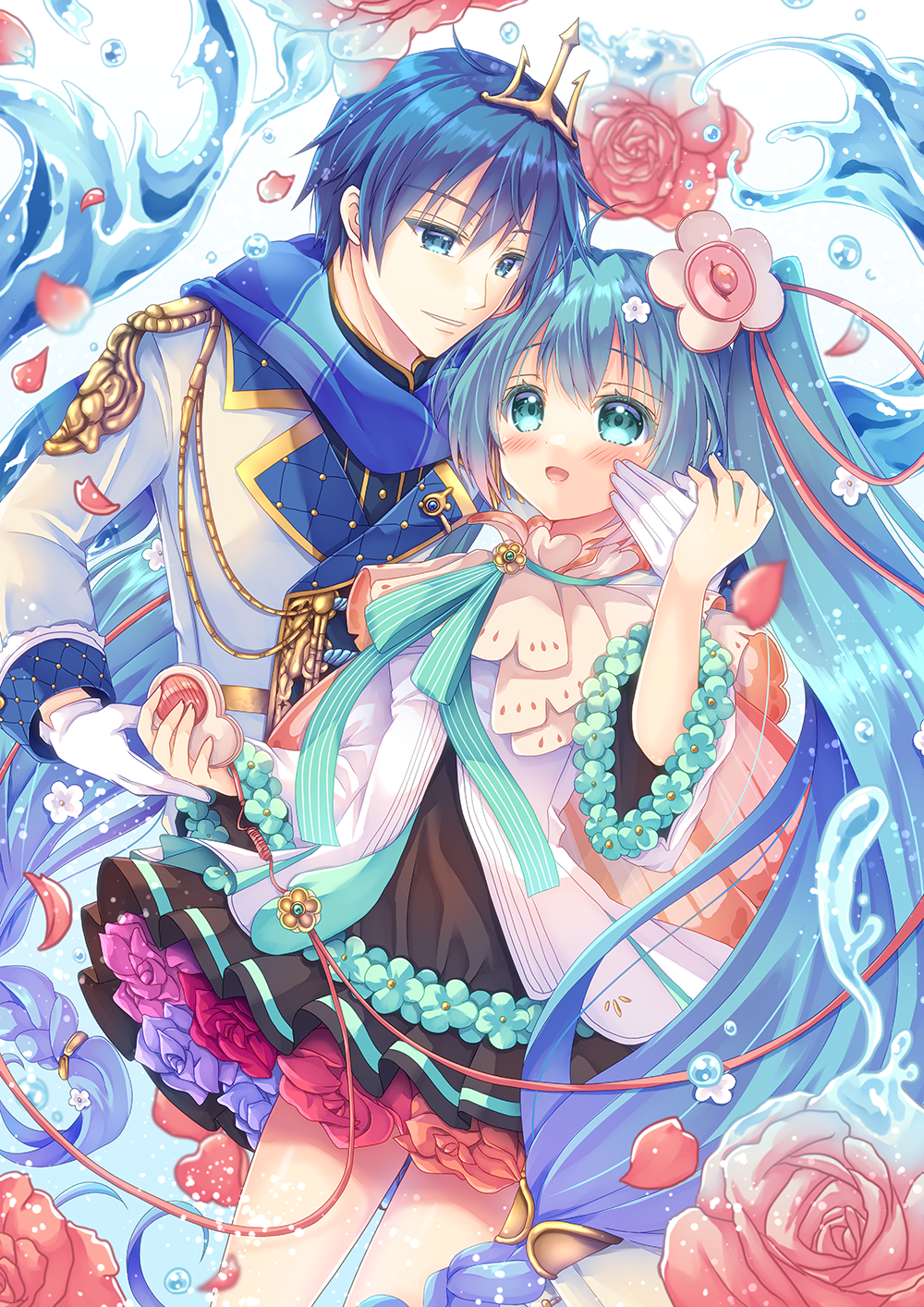 1boy, 1girl, aqua_eyes, aqua_hair, black_skirt, blue_eyes, blue_hair, blue_scarf