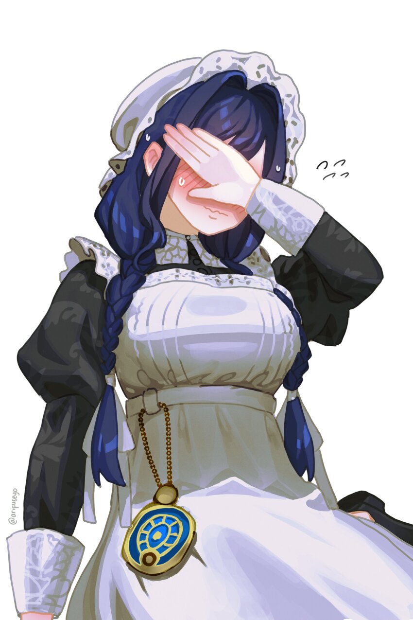 1girl, absurdres, apron, arifuseyo, black_dress, blue_hair, blush, braid