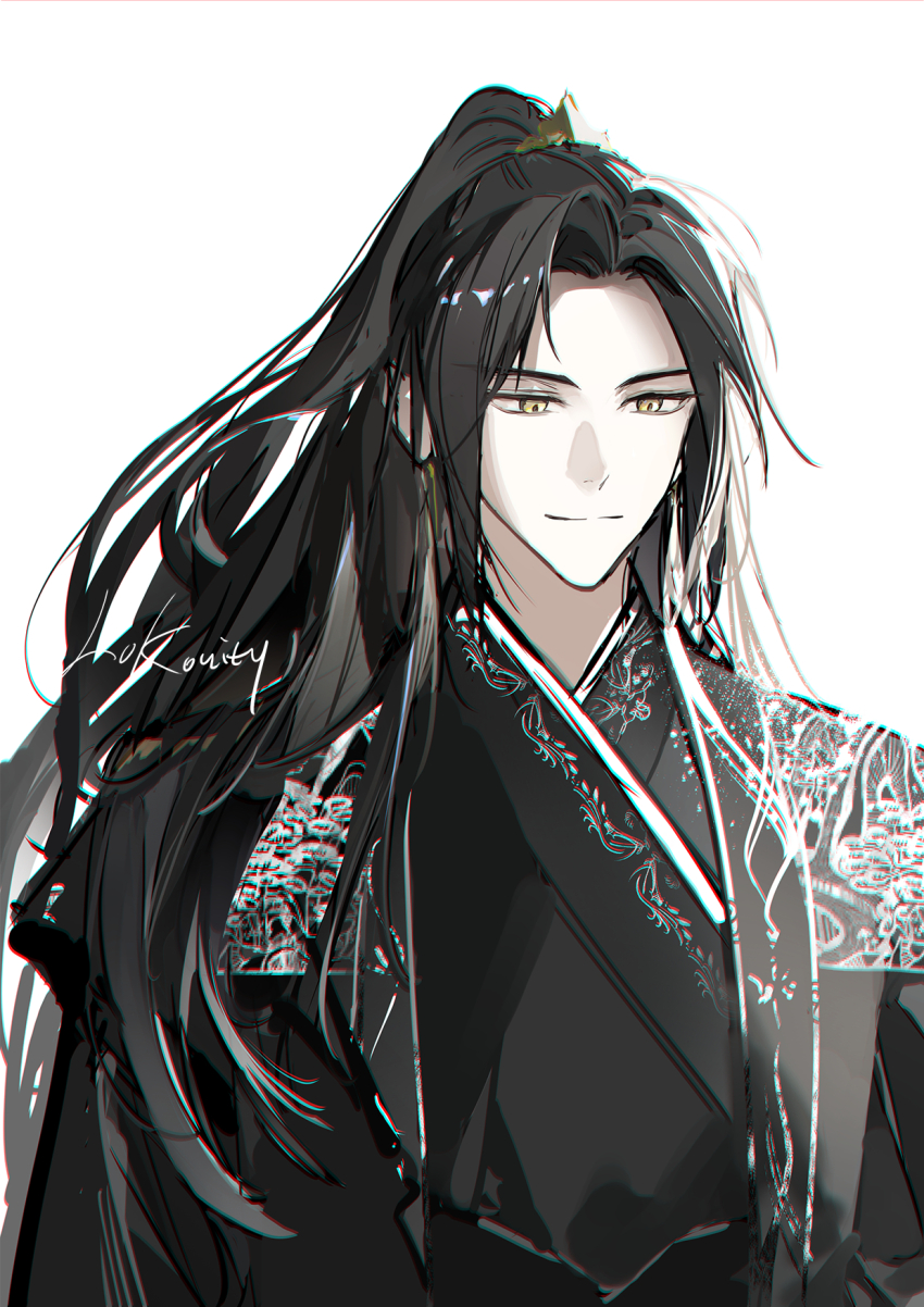 1boy, black_hair, black_hanfu, chinese_clothes, closed_mouth, earrings, gold_earrings, half_updo