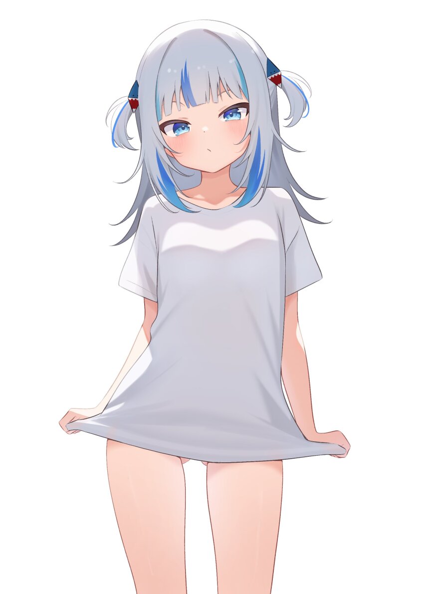 1girl, absurdres, blue_eyes, blue_hair, gawr_gura, gluteal_fold, grey_hair, hair_ornament, highres, hololive, hololive_english, long_hair, looking_at_viewer, multicolored_hair, oversized_clothes, oversized_shirt, ryu160303, shark_girl, shark_hair_ornament, shirt, simple_background, solo, streaked_hair, two_side_up, virtual_youtuber, white_background, white_shirt