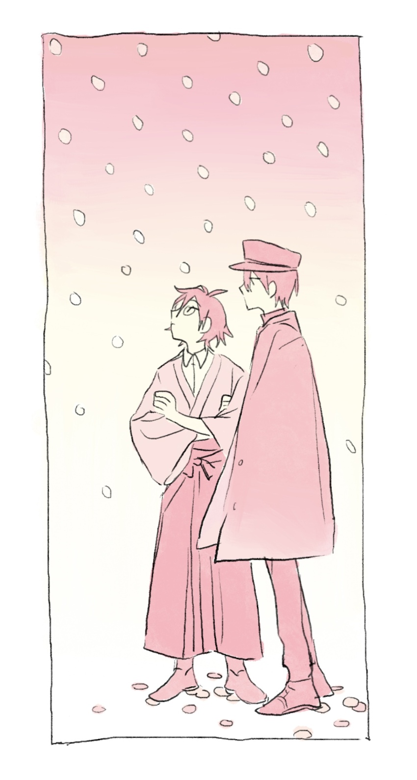 2boys, border, closed_mouth, collared_shirt, crossed_arms, full_body, gakuran, glasses, gradient_background, hakama, haori, hat, highres, japanese_clothes, kawase_(koshotengai_no_hashihime), koshotengai_no_hashihime, liquidnitroo, looking_up, male_focus, monochrome, multiple_boys, pants, peaked_cap, round_eyewear, school_uniform, shirt, shoes, short_hair, standing, tamamori_(koshotengai_no_hashihime), white_border