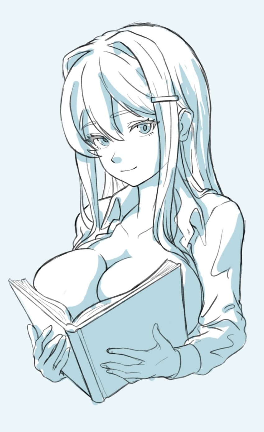 boobs_in_book_(meme), book, breasts, doki_doki_literature_club, dress_shirt, hair_intakes, highres, holding