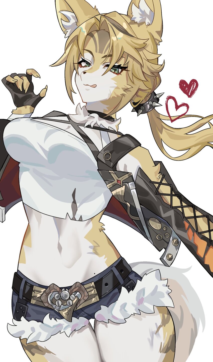 1girl, animal_ear_fluff, animal_ears, belt, black_belt, black_choker, black_gloves, blonde_hair, blue_shorts, breasts, cat_ears, cat_girl, cat_tail, choker, cleavage, closed_mouth, crop_top, cropped_jacket, cropped_shirt, fingerless_gloves, furry, furry_female, gloves, heart, highres, long_hair, long_sleeves, looking_at_viewer, medium_breasts, ponytail, pulchra_fellini, shirt, shorts, smile, solo, tail, tongue, tongue_out, umiinu_(umi_inu11), white_background, white_shirt, zenless_zone_zero