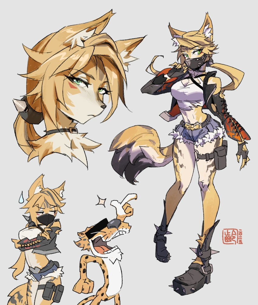 1boy, 1girl, animal_ears, belt, black_belt, black_choker, black_jacket, black_mask