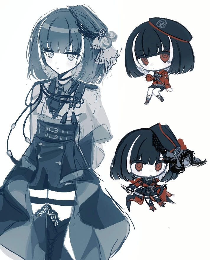 1boy, :/, ascot, beret, black_hat, black_shorts, black_skirt, black_thighhighs