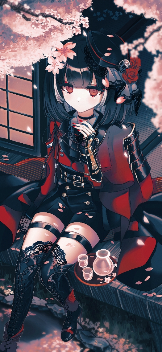 1boy, ascot, black_ascot, black_choker, black_hair, black_hat, black_ribbon, black_shorts, black_thighhighs, bob_cut, cape, cherry_blossoms, choker, closed_mouth, collared_shirt, cup, dot_mouth, expressionless, falling_petals, flower, glass_bottle, grey_hair, grey_shirt, hand_up, hankaku_sato, hat, hat_ribbon, kyogoku_masamune, lace, lace-trimmed_thighhighs, lace_trim, lifting_another's_clothes, light_frown, multicolored_hair, nail_polish, petals, plate, red_cape, red_eyes, red_flower, red_nails, red_rose, ribbon, ringed_eyes, rose, shirt, short_hair, shorts, sitting, sleeves_past_fingers, sleeves_past_wrists, solo, streaked_hair, thigh_strap, thighhighs, tilted_headwear, touken_ranbu, trap