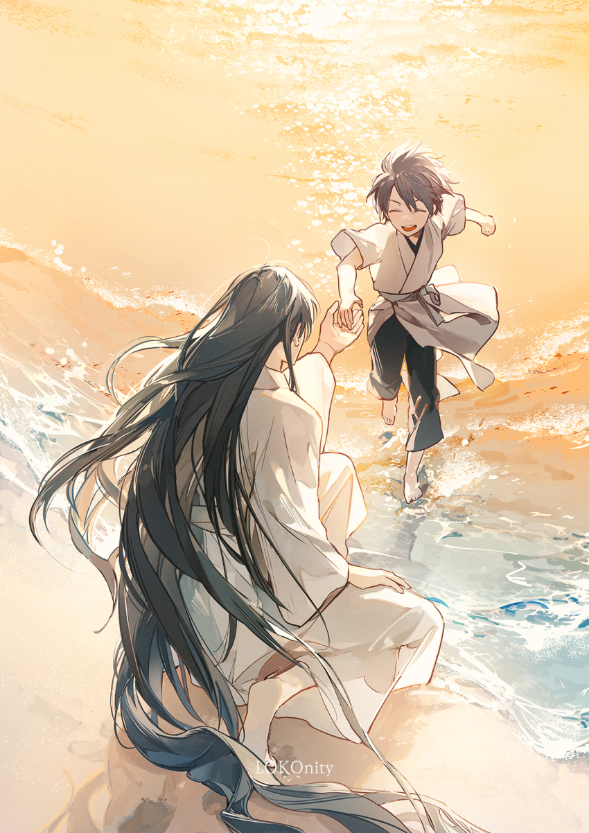 2boys, artist_name, bare_shoulders, beach, black_hair, black_pants, chinese_clothes, clenched_hand
