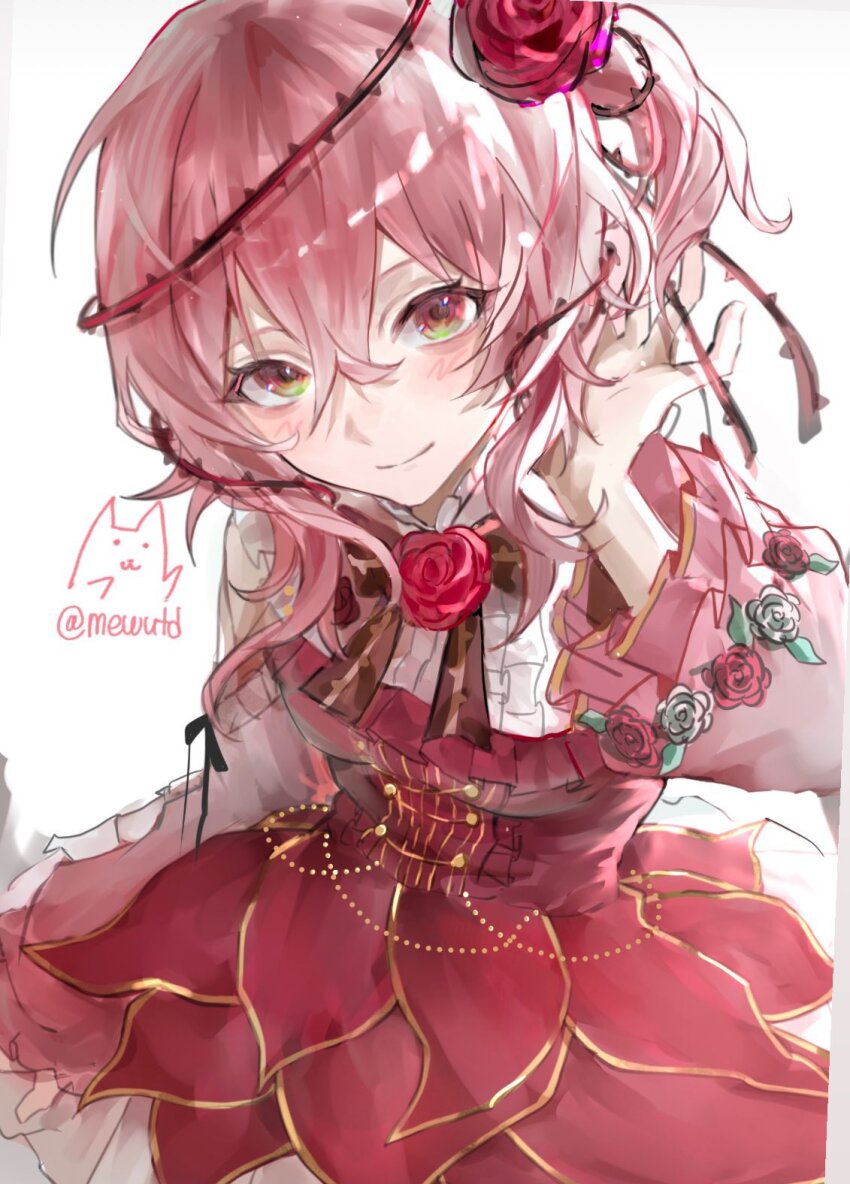 1girl, blush, breasts, flower, hair_between_eyes, hair_flower, hair_ornament, hair_vines