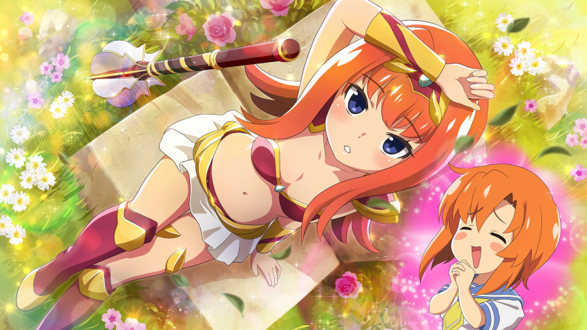 2girls, :d, ^_^, arm_over_head, armor, axe, bikini_armor, blue_eyes