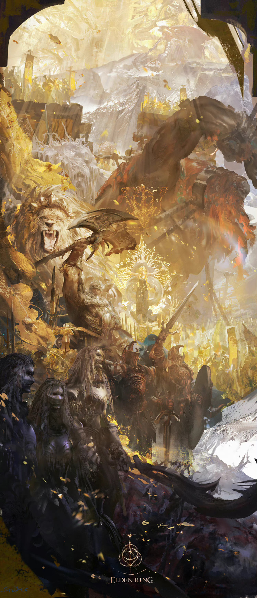 1boy, 1girl, 6+others, absurdres, armor, army, axe, battle_axe