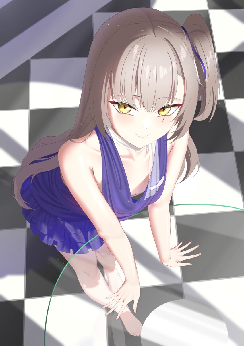 1girl, absurdres, bare_legs, barefoot, breasts, brown_hair, dress, feet