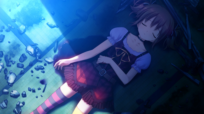 1girl, arm_at_side, asymmetrical_legwear, belt, belt_buckle, black_bow, black_choker, bleeding