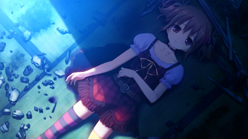 1girl, arm_at_side, asymmetrical_legwear, belt, belt_buckle, black_bow, black_choker, bleeding