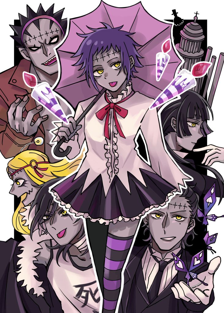 2girls, 4boys, bandaged_neck, bandages, black_background, black_coat, black_eyeliner, black_hair