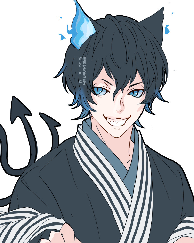 1boy, animal_ears, black_hair, blue_eyes, blue_hair, blue_sclera, cat_ears, colored_sclera