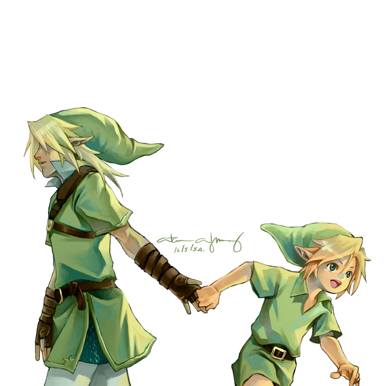 2boys, blonde_hair, blue_eyes, dual_persona, gloves, hat, link, longjunt, male_focus, multiple_boys, nintendo, the_legend_of_zelda, the_legend_of_zelda:_ocarina_of_time, young_link
