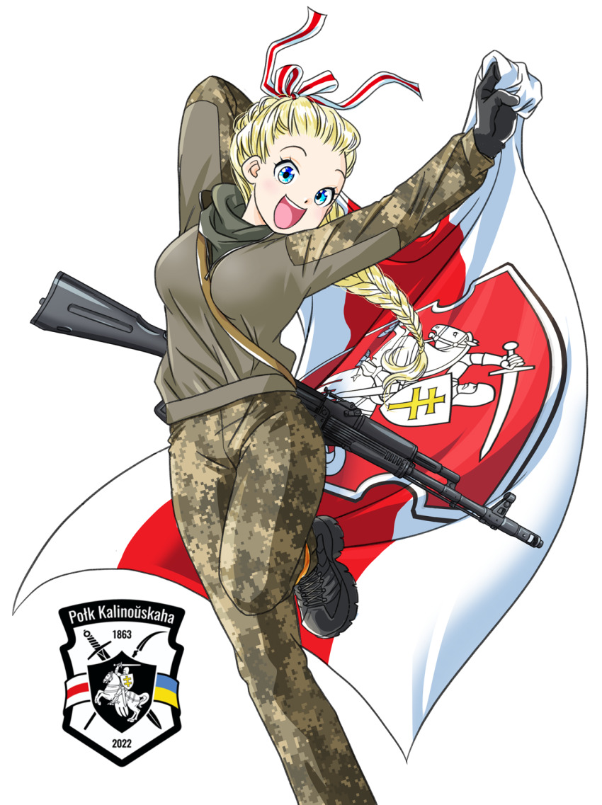 arms_up, belarusian_opposition, black_shoes, blonde_hair, blue_eyes, camouflage, camouflage_jacket, camouflage_pants, cross-laced_shoes, digital_camouflage, hair_ribbon, hands_up, highres, jacket, japanon, kastus_kalinouski_regiment, looking_at_viewer, military, military_combat_uniform, military_fatigues, military_uniform, nazi, open_mouth, original, pants, paulinka_(japanon), ponytail, ribbon, russo-ukrainian_war, shoes, teeth, tongue, ukraine, ukrainian_flag, ukrainian_ground_forces, upper_teeth_only, weapon, weapon_on_back, weapon_request