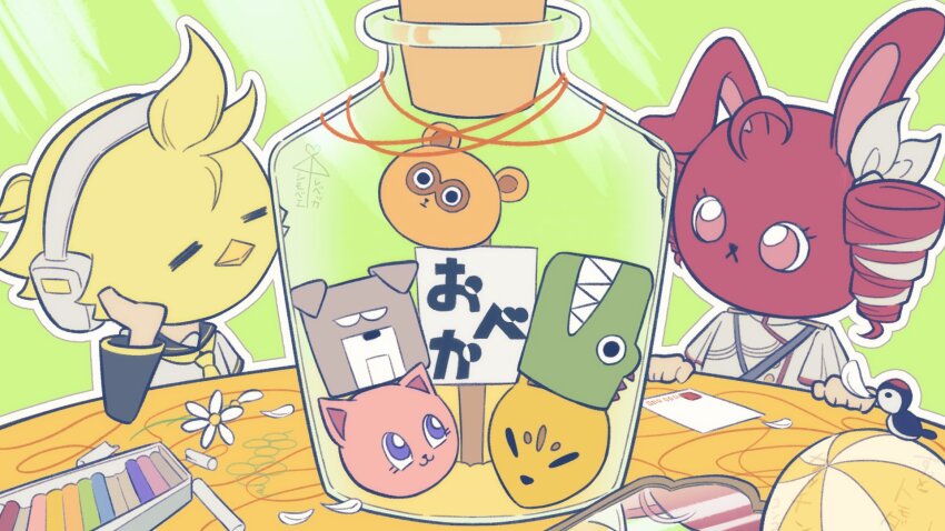 1boy, 1girl, ahoge, ai_ai_gasa, ball, beachball, bird, black_sailor_collar, blonde_hair, bow, buttons, chalk, corked_bottle, double-breasted, drill_hair, flower, green_background, hands_on_own_face, hands_on_table, headphones, highres, kagamine_len, kasane_teto, kasane_teto_(sv), mask, necktie, obeka_(vocaloid), puffin, red_eyes, red_hair, reez_717, ribbon, sailor_collar, short_hair, shoulder_belt, shoulder_boards, synthesizer_v, table, twin_drills, utau, vocaloid, white_bow, white_ribbon