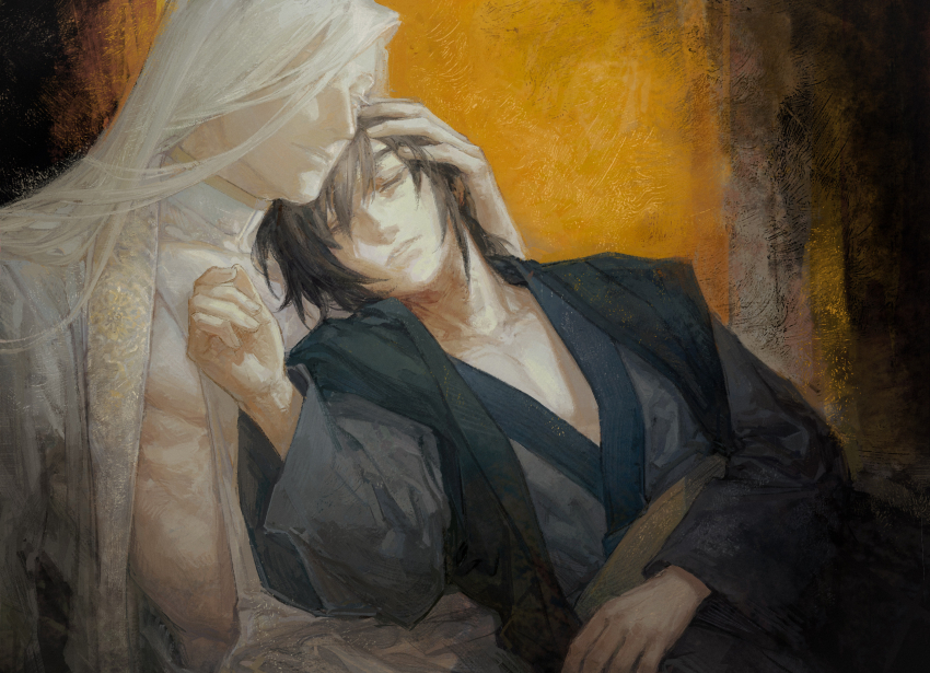 2boys, absurdres, black_hair, closed_eyes, collarbone, commentary_request, creamyghost, hand_on_another's_head