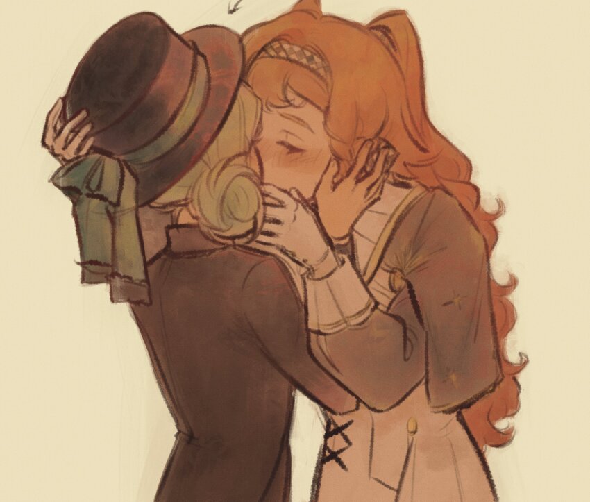 2girls, black_coat, black_hat, blush, checkered_hairband, closed_eyes, coat, gloves