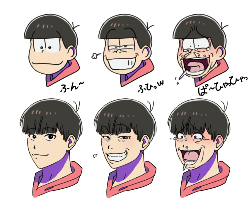 1boy, art_shift, black_hair, blunt_bangs, blush, bowl_cut, grin, hood