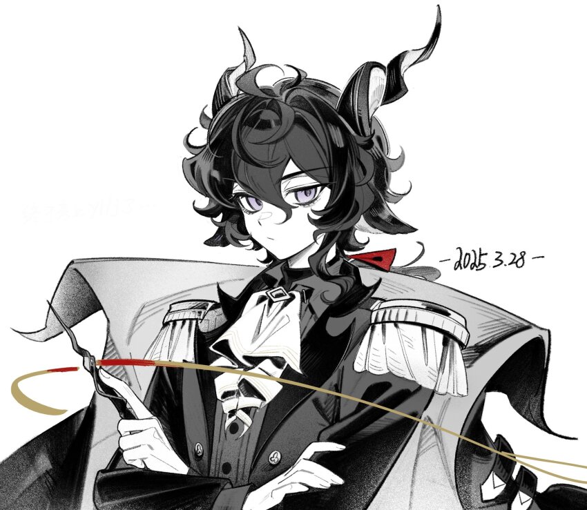 1boy, animal_ears, annoyed, arknights, ascot, bow, coat, coat_on_shoulders