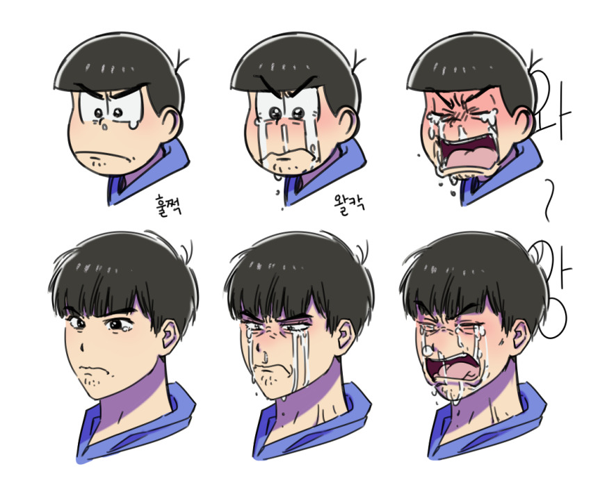 1boy, art_shift, blue_hoodie, blunt_bangs, blush, bowl_cut, crying, crying_with_eyes_open