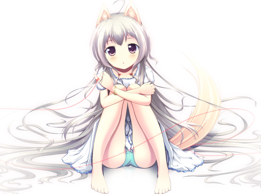 1girl, animal_ears, barefoot, blush, bow, eryrun, female_focus, fox_ears