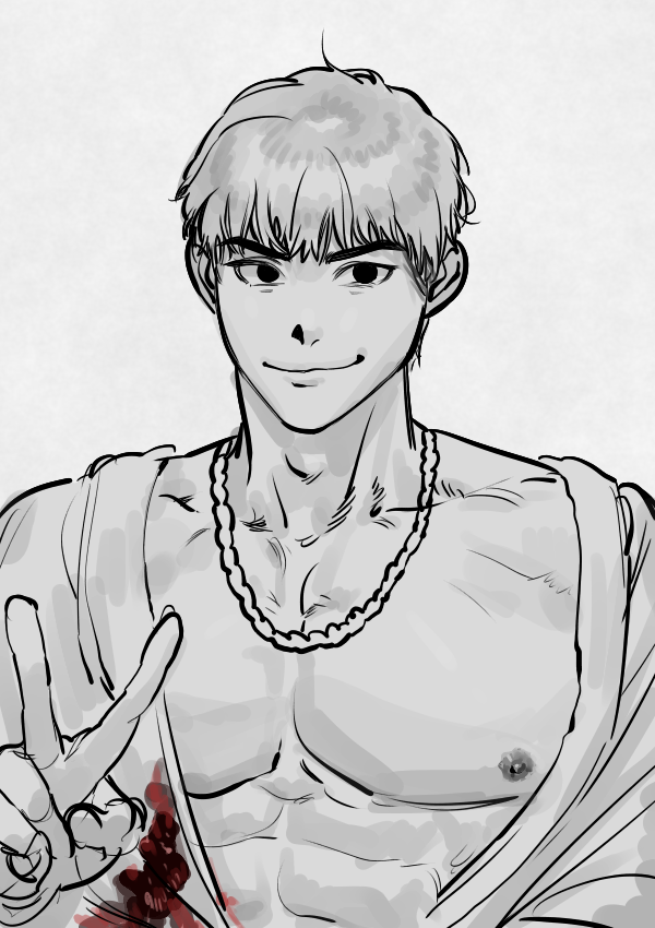 1boy, blood, blood_on_clothes, chain, chain_necklace, injury, jewelry, male_focus