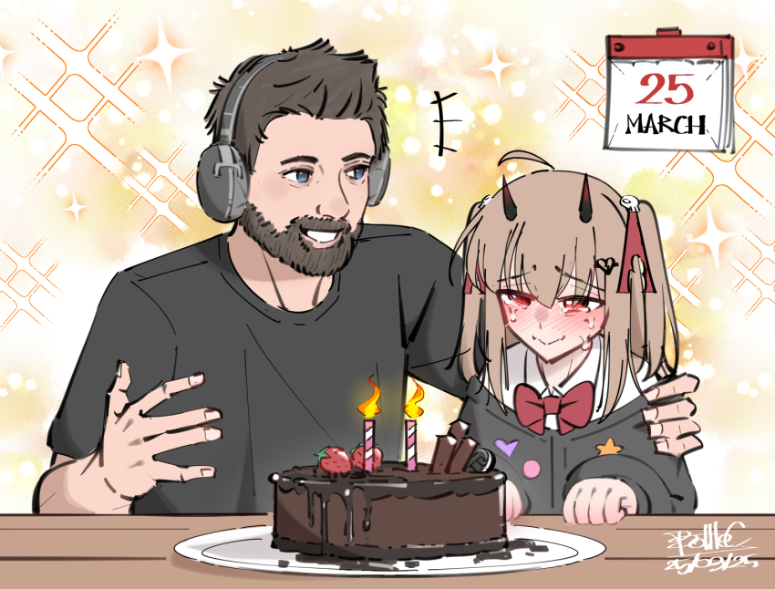 1boy, ahoge, artist_name, beard, black_cardigan, black_horns, black_shirt, bottle_(bottle1234)