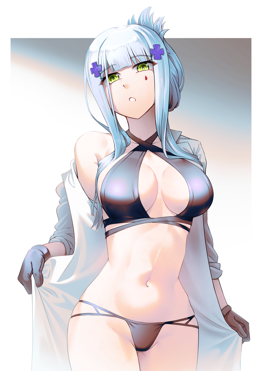 1girl, absurdres, bikini, black_bikini, black_gloves, breasts, clukay_(neural_cloud), clukay_(raging_waves)_(neural_cloud), collared_shirt, commentary, cowboy_shot, criss-cross_halter, english_commentary, facial_mark, folded_ponytail, girls'_frontline, girls'_frontline_neural_cloud, gloves, green_eyes, grey_hair, hair_ornament, halterneck, highres, hk416_(girls'_frontline), large_breasts, long_hair, long_sleeves, looking_at_viewer, navel, open_clothes, open_mouth, open_shirt, senpaihawkkun, shirt, solo, swimsuit, teardrop_facial_mark, white_shirt, x_hair_ornament