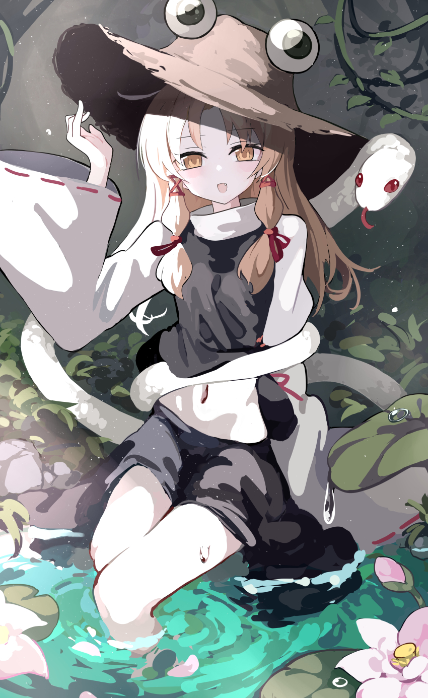 1girl, absurdres, blonde_hair, brown_hat, commentary, fang, flower, flower_request