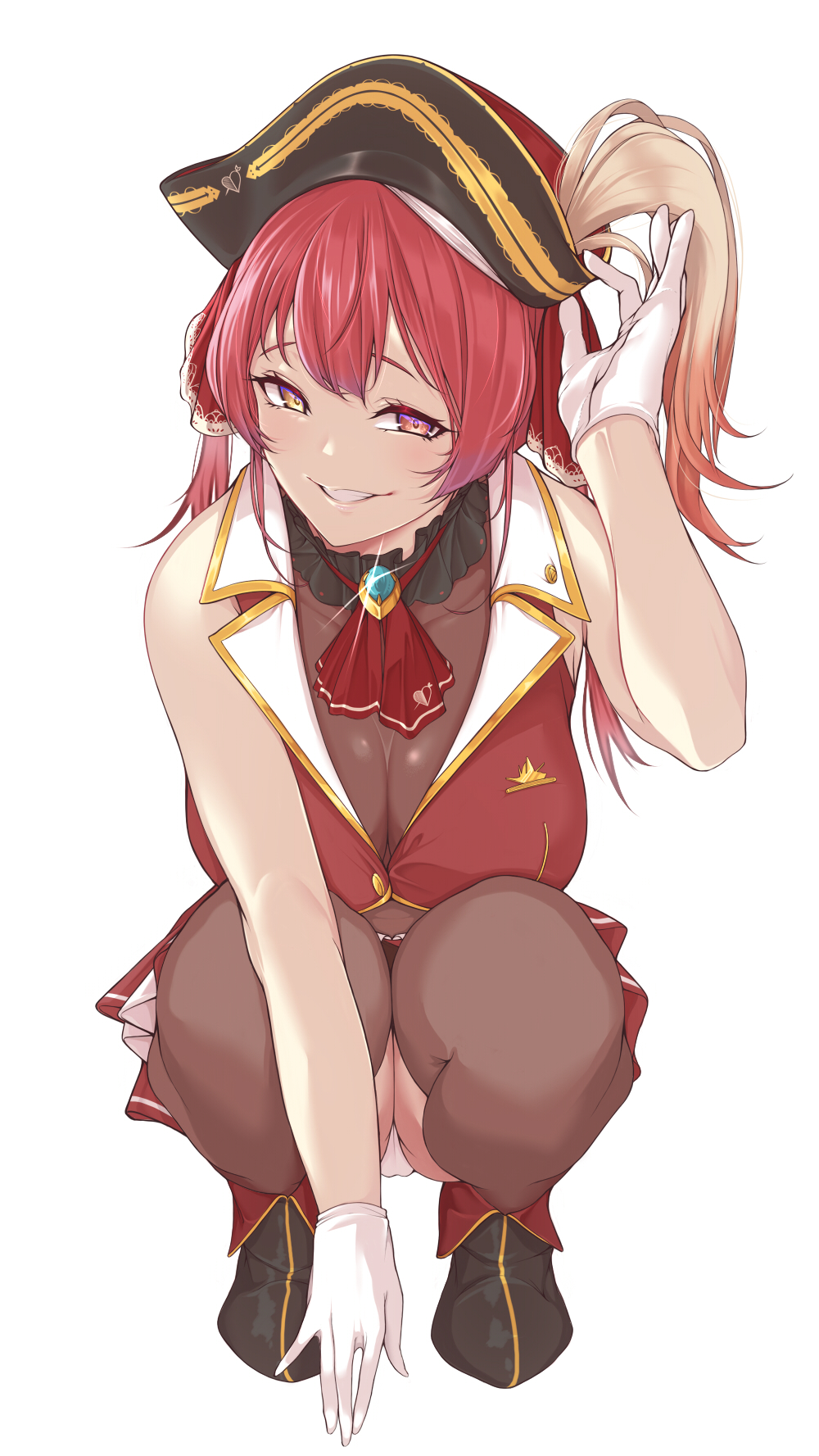 1girl, black_hat, breasts, brown_thighhighs, cameltoe, cleavage, commentary_request, full_body