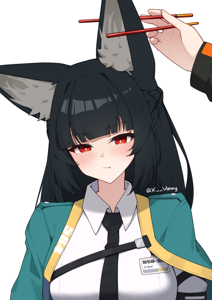 1boy, 1girl, :t, animal_ears, aqua_jacket, black_hair, black_necktie, blush
