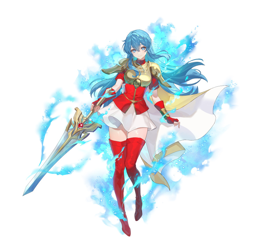1girl, absurdres, armor, blue_aura, blue_eyes, blue_hair, boots, closed_mouth, commentary_request, eirika_(fire_emblem), emblem_(fire_emblem_engage), energy, fingerless_gloves, fire_emblem, fire_emblem:_the_sacred_stones, fire_emblem_engage, fire_emblem_heroes, full_body, gloves, highres, holding, holding_sword, holding_weapon, long_hair, nintendo, official_art, red_boots, red_gloves, sieglinde_(sword), simple_background, smile, solo, sword, teffish, thigh_boots, thighs, weapon, white_background, yellow_armor