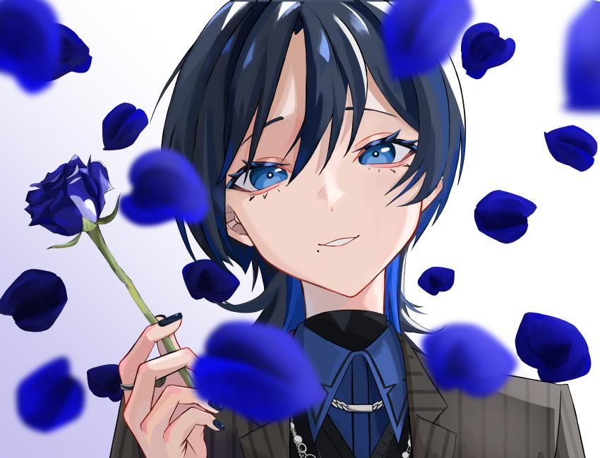 1girl, absurdres, black_hair, black_nails, black_sweater, blue_eyes, blue_flower, blue_hair